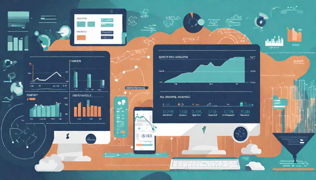 Illustration of desktops and phones with graphs, reports, data, funnels, charts and trend lines. The illustration is representative of sales forecasting.