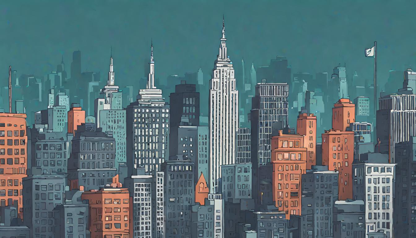 Illustration of a city with tall buildings in teal, orange, and grey.