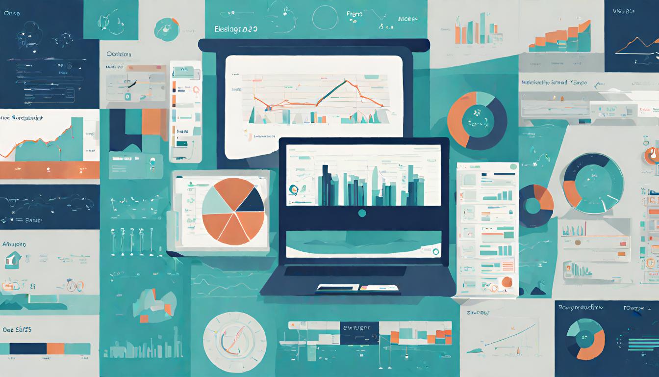 Illustration of desktops, graphs, reports, data, funnels, charts and trend lines. The illustration is representative of sales forecasting, reporting, and process improvement.