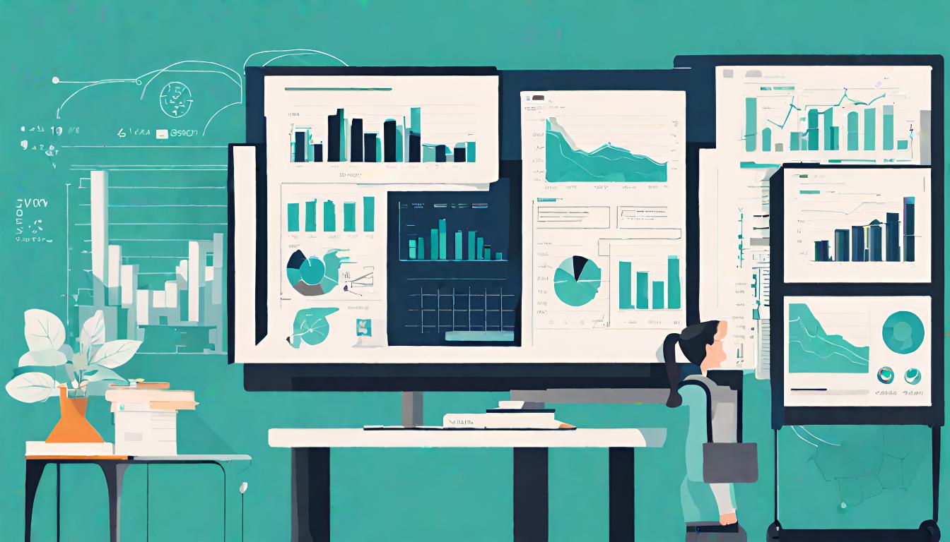 Illustration of a woman looking at data, reports, graphs, charts, and trend lines.