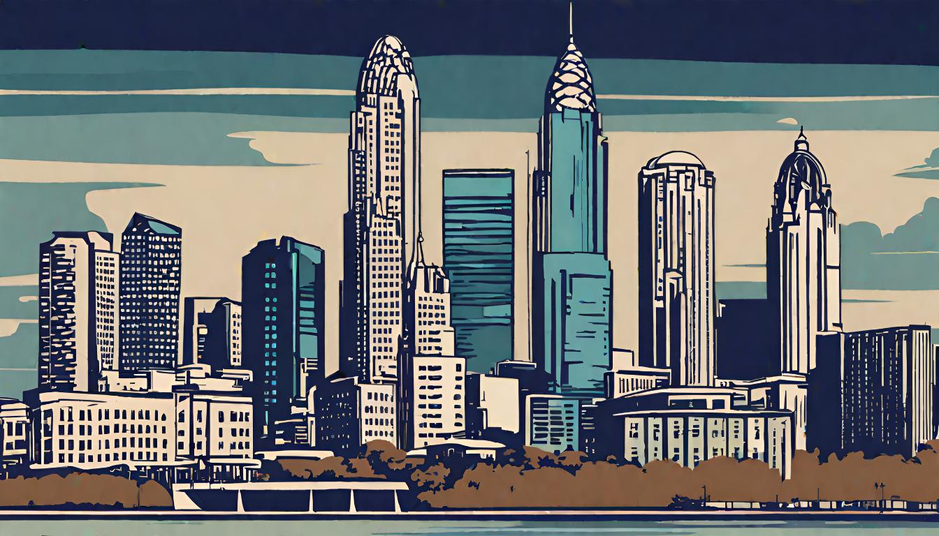 Illustration of a city with tall buildings in teal, dark blue, cream, brown and black.