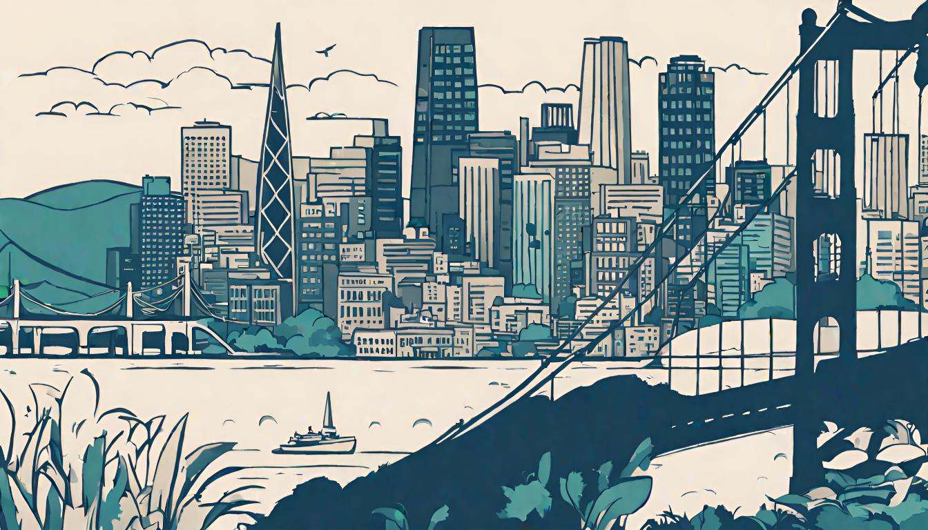 A teal, dark blue, cream, and black illustration of San Francisco.