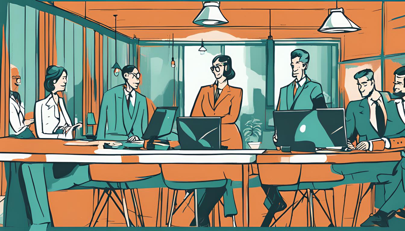 Illustration of employees sitting at a desk working alongside eachother looking at laptops and screens while collaborating.